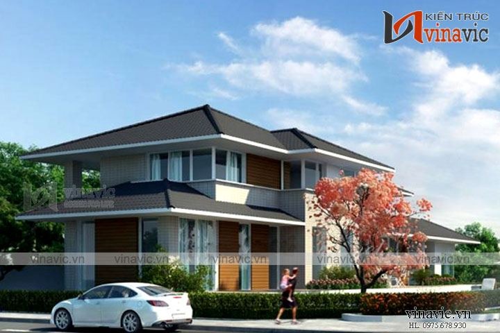 Mẫu thiết kế biệt thự 2 tầng hiện đại đẹp mái nhật mini