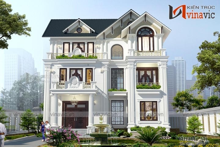 Phối cảnh 3D mặt tiền mẫu nhà vườn mini tân cổ điển 3 tầng kiểu Pháp