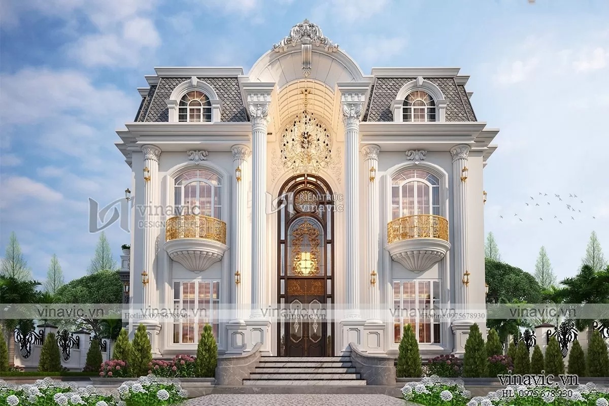 Mẫu biệt thự tân cổ điển 2 tầng mặt tiền 12m mái Mansard