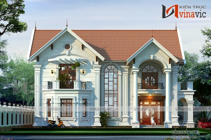 Hình ảnh biệt thự 2 tầng mini mái thái tân cổ điển nổi bật với những đường nét nhẹ nhàng tinh tế
