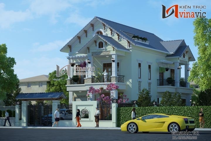 Biệt thự phố 2 tầng 5 phòng ngủ 120m2 tân cổ điển mái thái