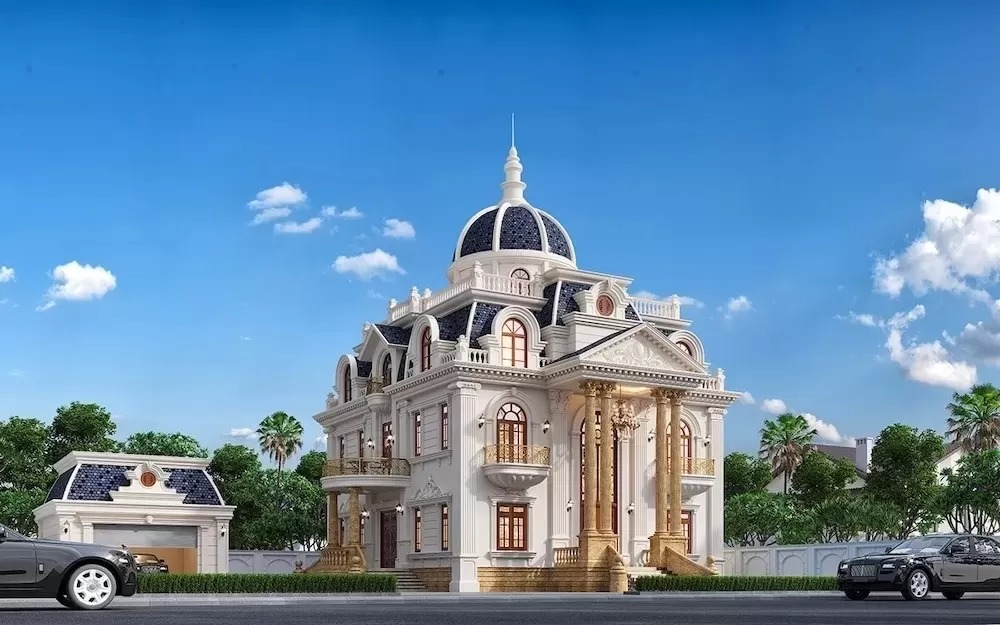 Mẫu biệt thự 2 tầng kiểu pháp tân cổ điển sử dụng mái Mansard kết hợp mái chóp sang trọng