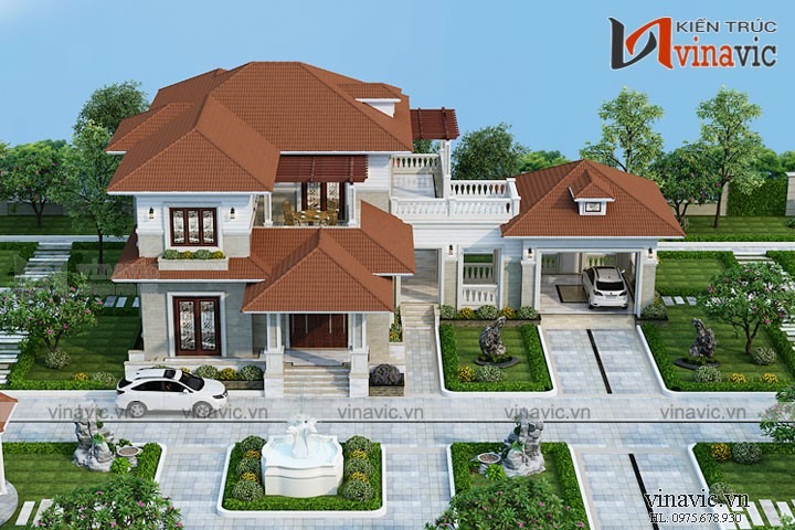 Phối cảnh mẫu biệt thự mái thái đỏ tươi với cảnh quan tuyệt đẹp