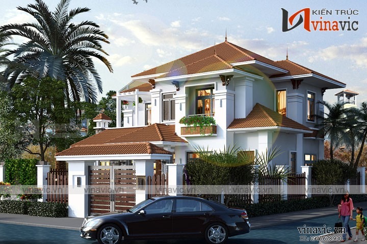 Mẫu nhà biệt thự xinh 2 tầng mái thái mặt tiền rộng