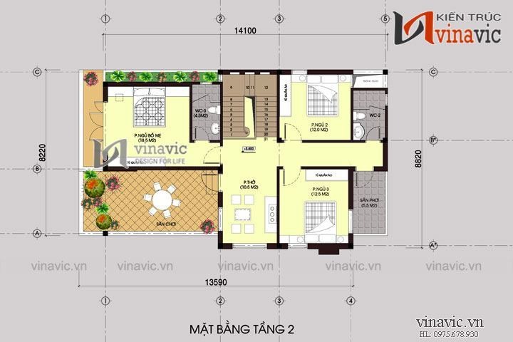 Mặt bằng tầng 2 căn biệt thự 2 tầng ở nông thôn 9x14m