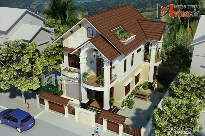 Biệt thự 2 tầng mái thái với hình khối vuông vắn bề thế