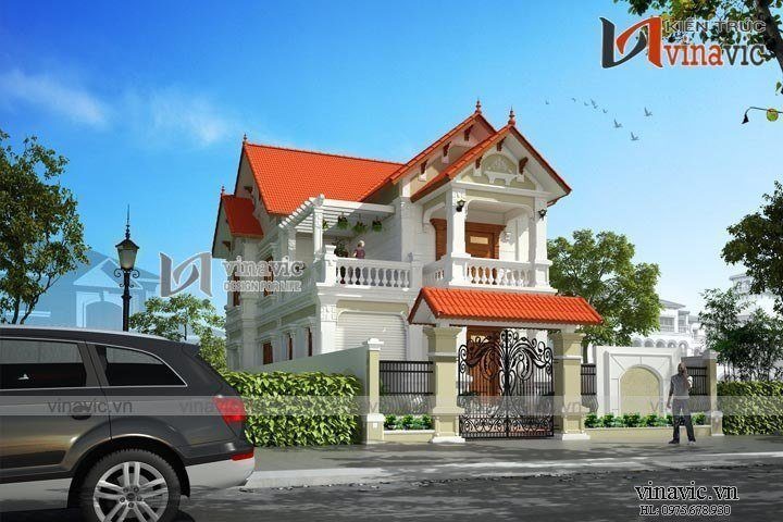 Mái thái đỏ tươi là điểm nhấn ấn tượng của căn biệt thự mái thái này