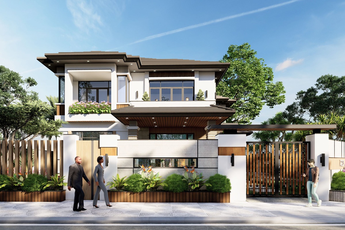 Thiết kế villa biệt thự 2 tầng hiện đại 2 măt tiền ở cần thơ bt2109 Góc nhìn chính diện thiết kế biệt thự 2 tầng sân vườn hiện đại