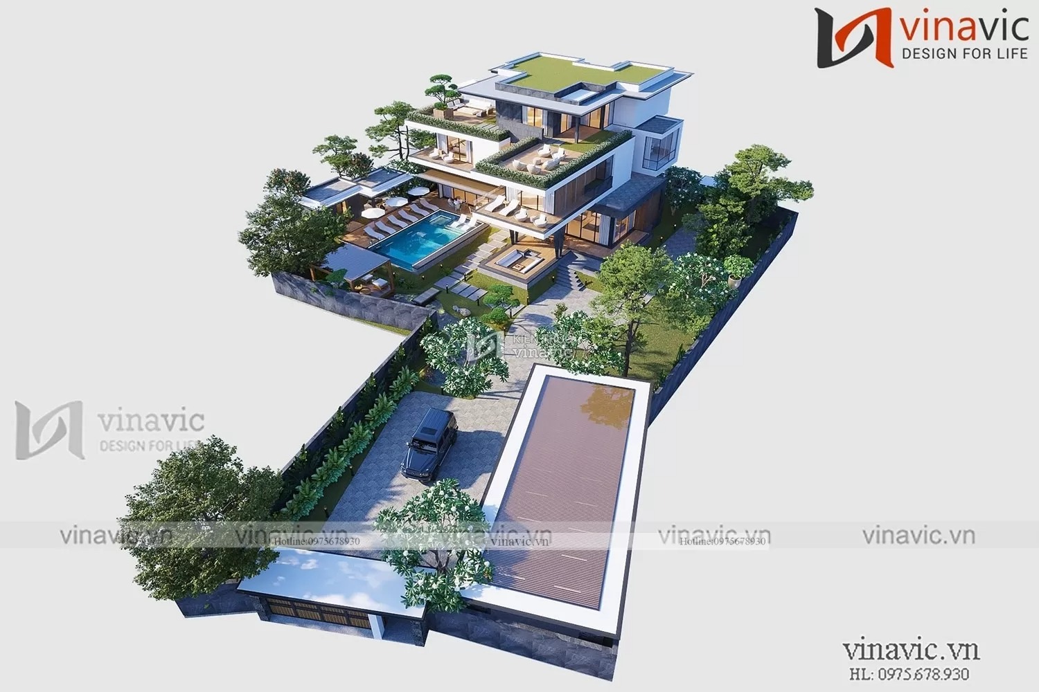Phối cảnh tổng thể mẫu biệt thự nhà vườn 2 tầng 3 phòng ngủ hiện đại