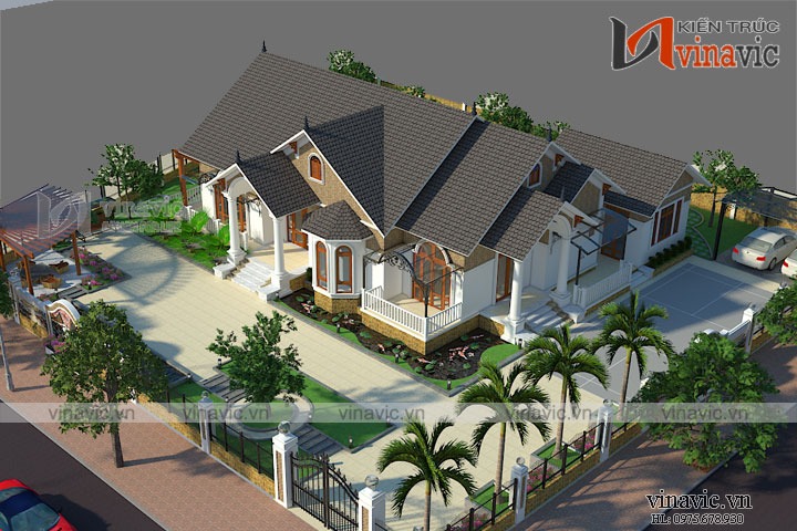 Mẫu nhà vườn 1 tầng mái thái với sân chơi, tiểu cảnh đẹp