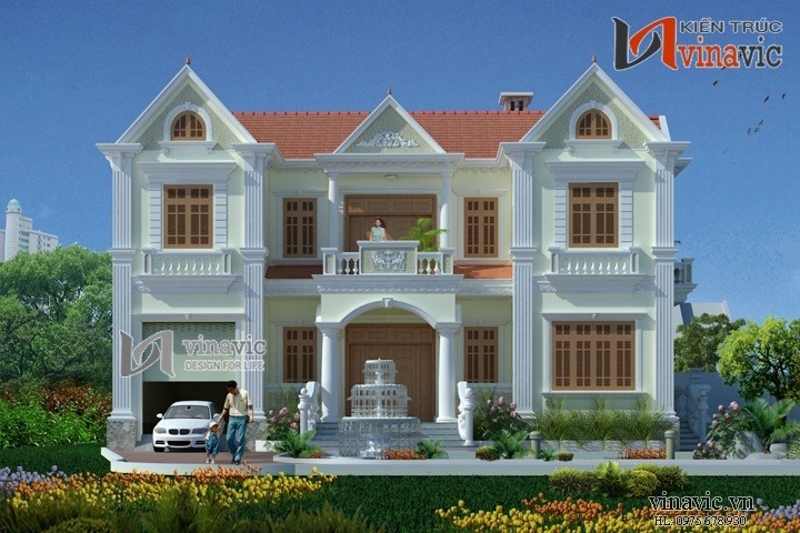 Phối cảnh chính mẫu thiết kế nhà phố 3 tầng mặt tiền 8m Phối cảnh chính mẫu thiết kế nhà vườn 2 tầng mái thái đỏ tươi tân cổ điển