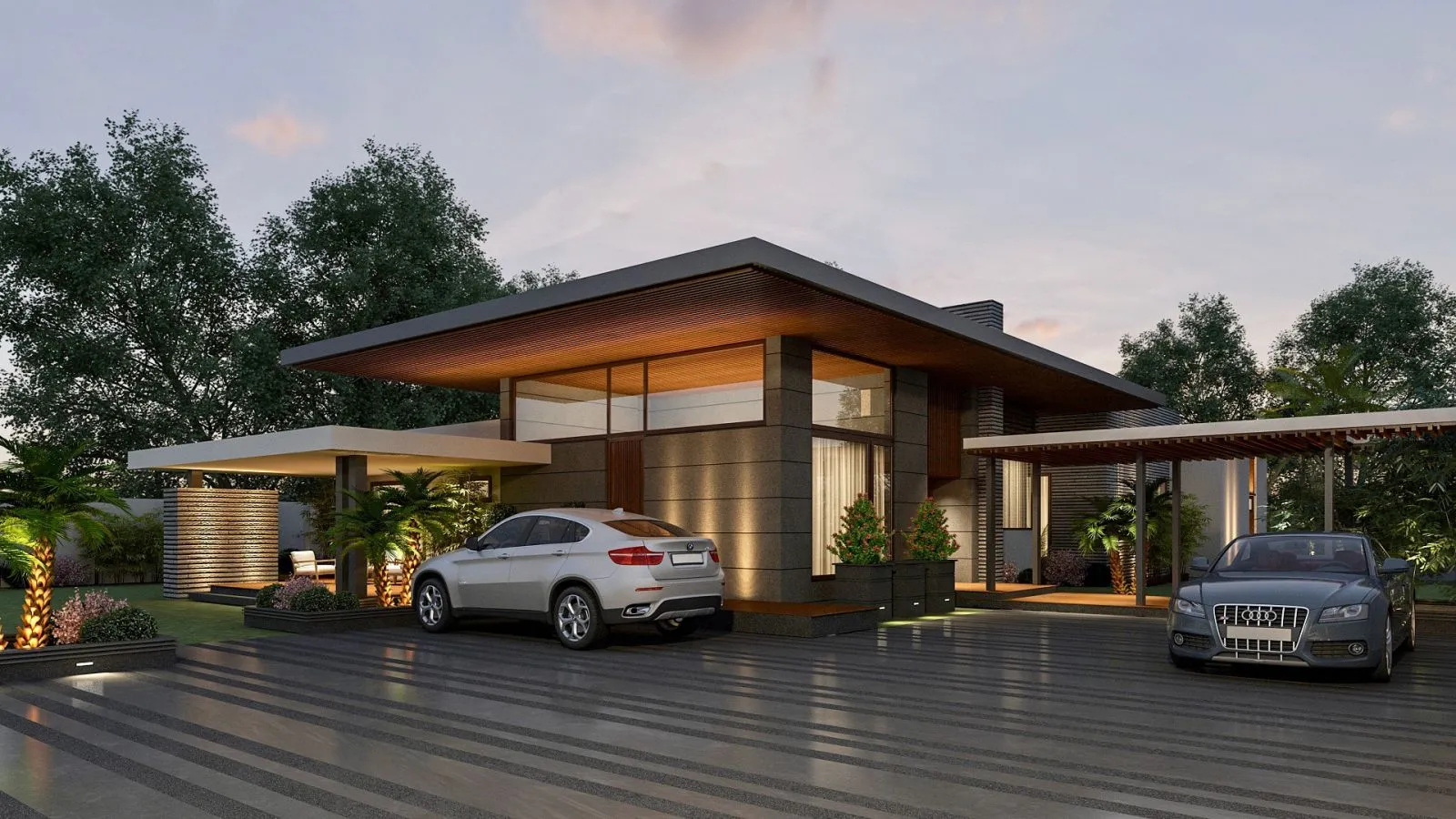 Mẫu biệt thự 1 tầng mái bằng 4 phòng ngủ có không gian sống tiện nghi