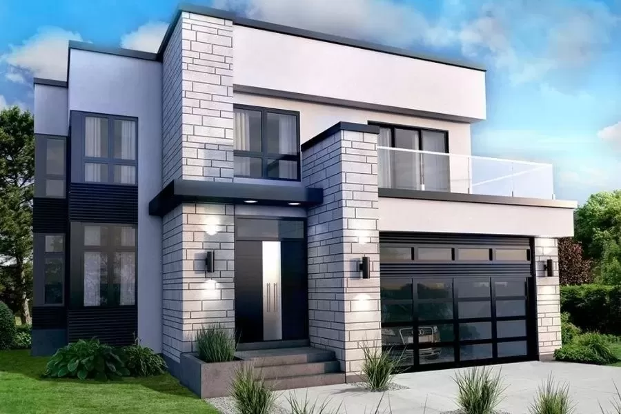 Mẫu nhà 2 tầng hình khối nổi bật nhờ đá ốp ngoại thất độc đáo
