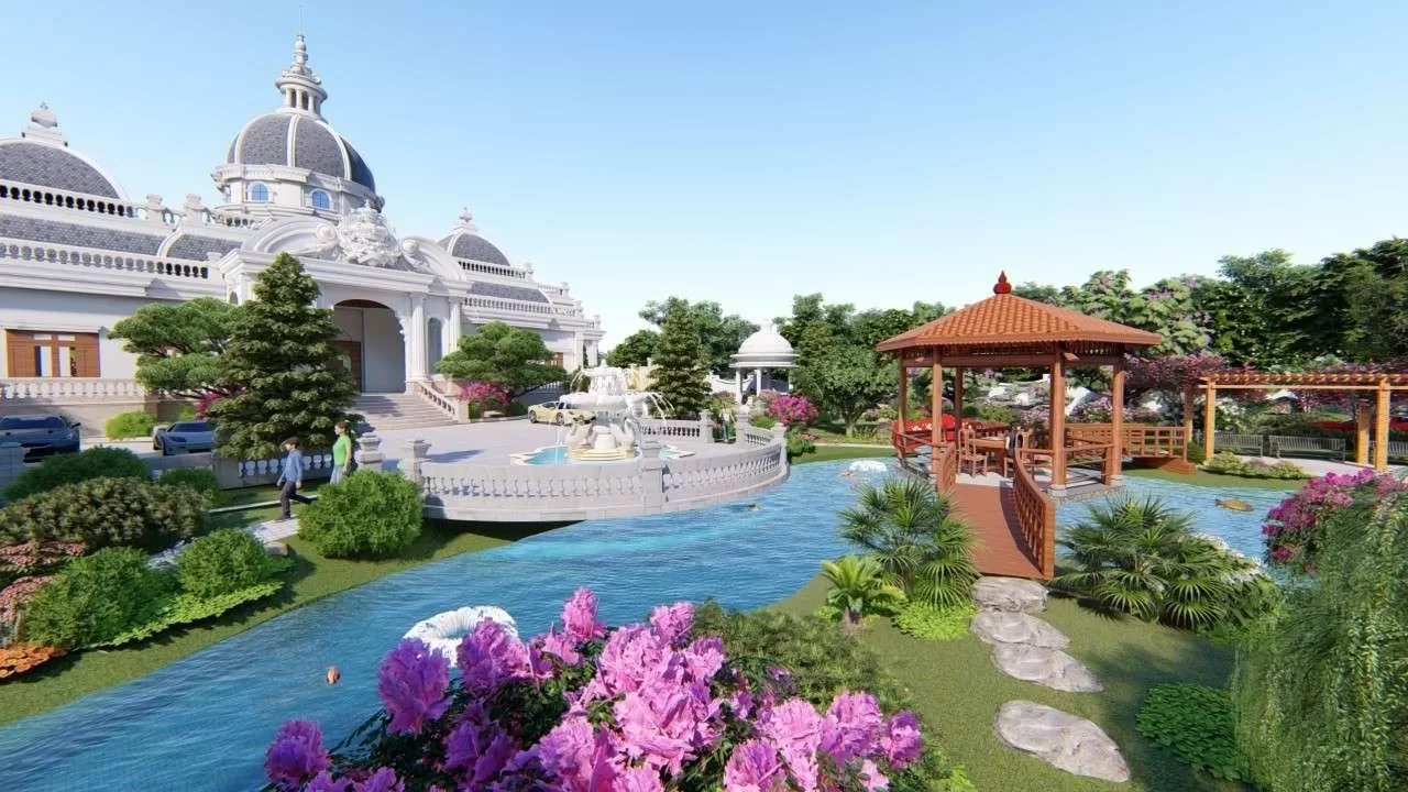 Khu vườn xanh tươi với những bông hoa đầy sức sống trong mẫu lâu đài 1 tầng