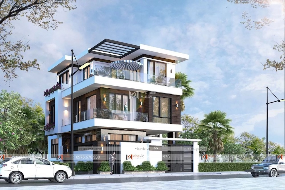 Mẫu biệt thự hiện đại hình vuông mái bằng 3 tầng