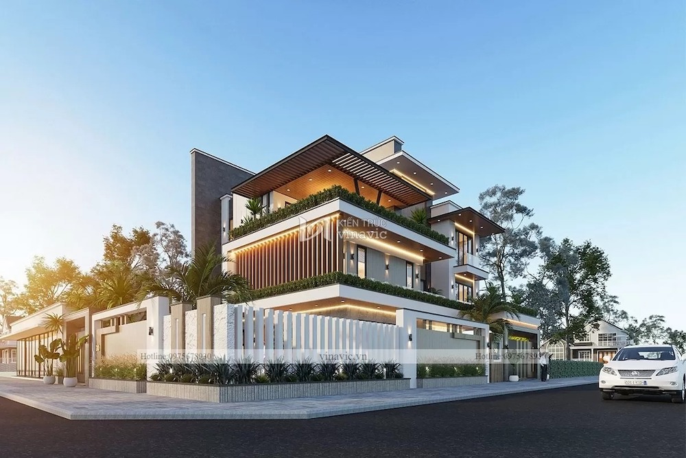 Thiết kế nhà vuông góc 2 mặt tiền 3 tầng đẹp đơn giản hiện đại