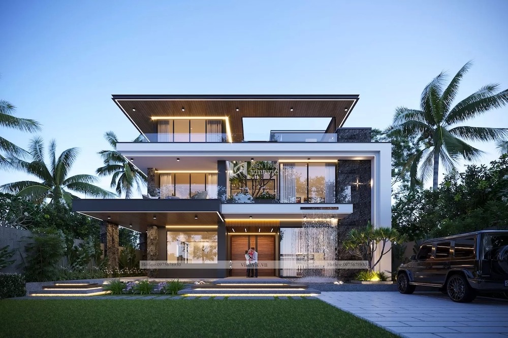 Thiết kế nhà 3 tầng hiện đại hình vuông có bể bơi sau nhà