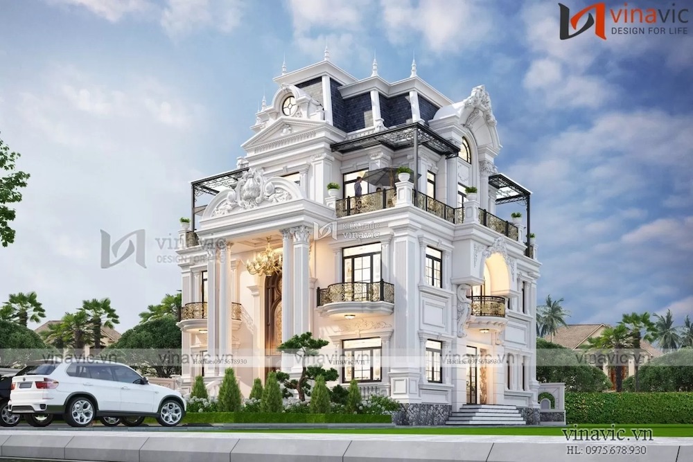 Thiết kế nhà vuông kiểu lâu đài tân cổ điển 3 tầng 4 phòng ngủ