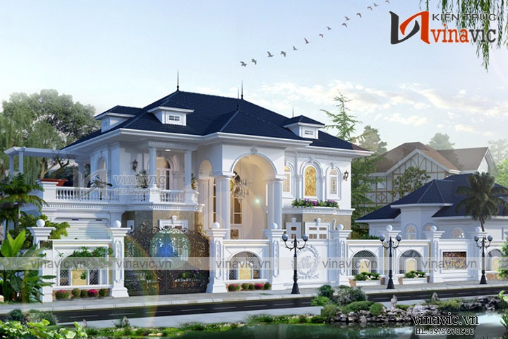Mẫu thiết kế biệt thự 2 tầng tân cổ kiểu pháp có gara mặt tiền 20m