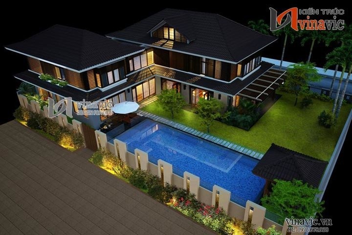 Thiết kế biệt thự 150m2 có bể bơi phong cách hiện đại 2 tầng