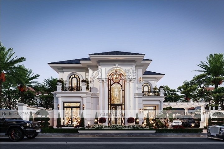 Mặt tiền thiết kế biệt thự 2 tầng 200m2 tân cổ điển mái nhật sân vườn có gara