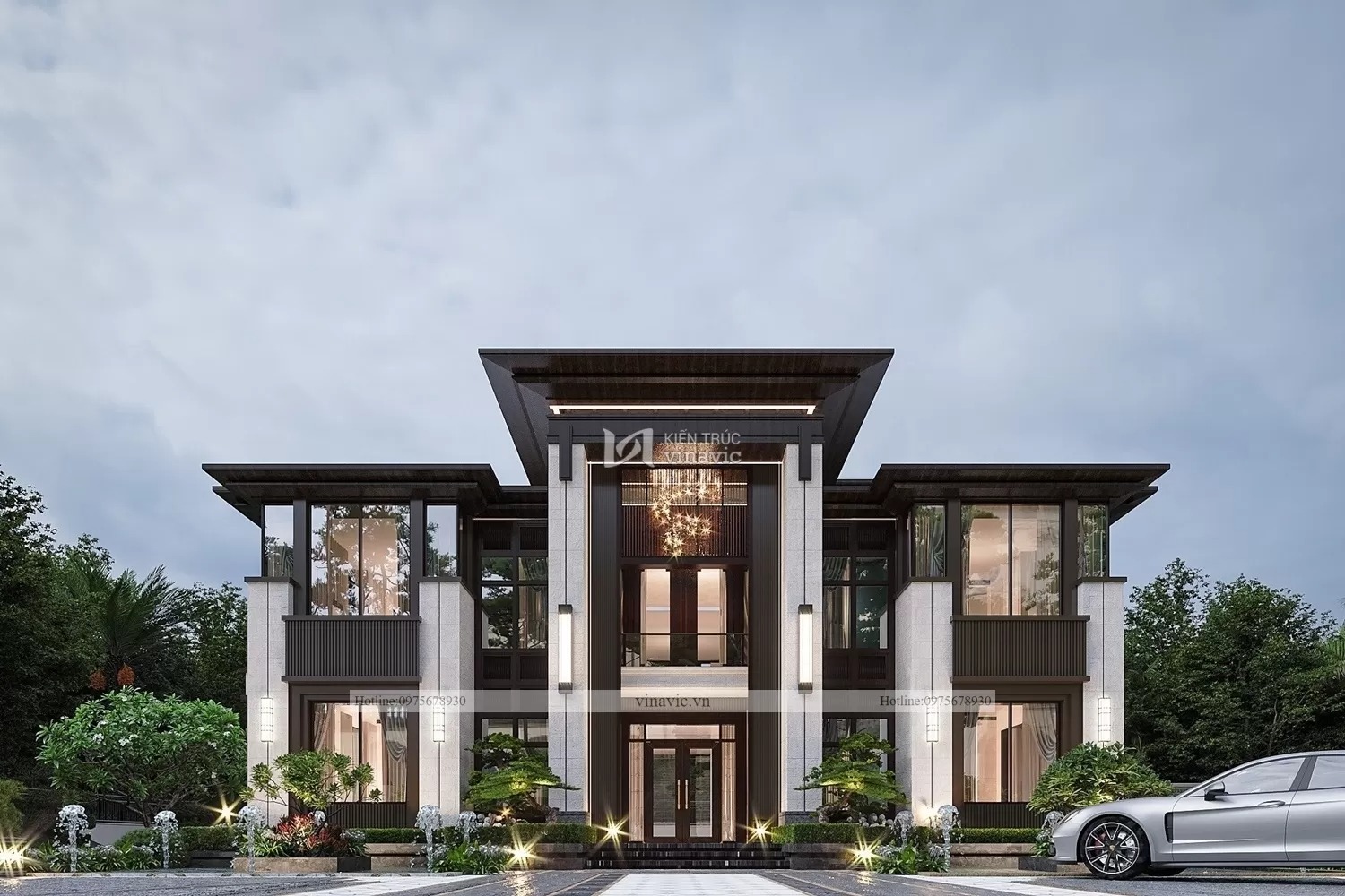 Mẫu nhà biệt thự 2 tầng mái bằng hiện đại 17x17m