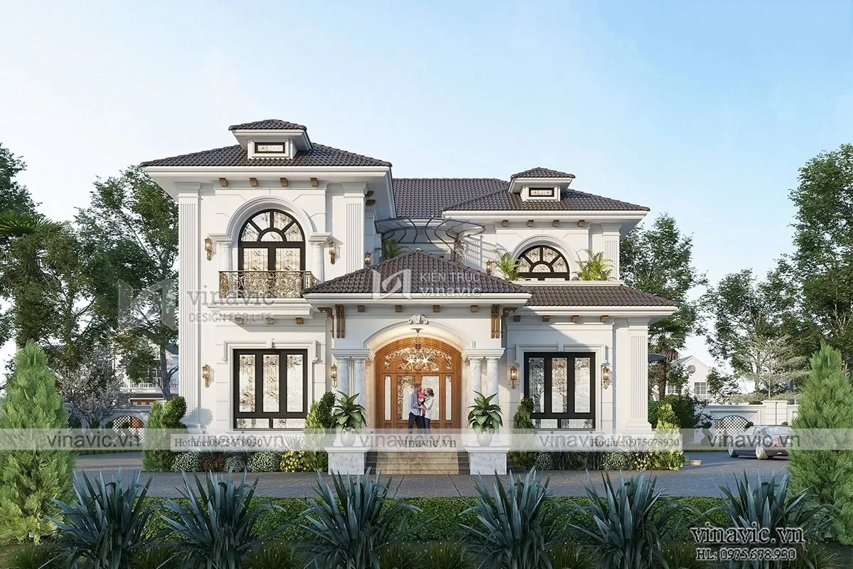 Mẫu nhà vườn 2 tầng 5 phòng ngủ tân cổ điển mái Nhật mặt tiền 14m