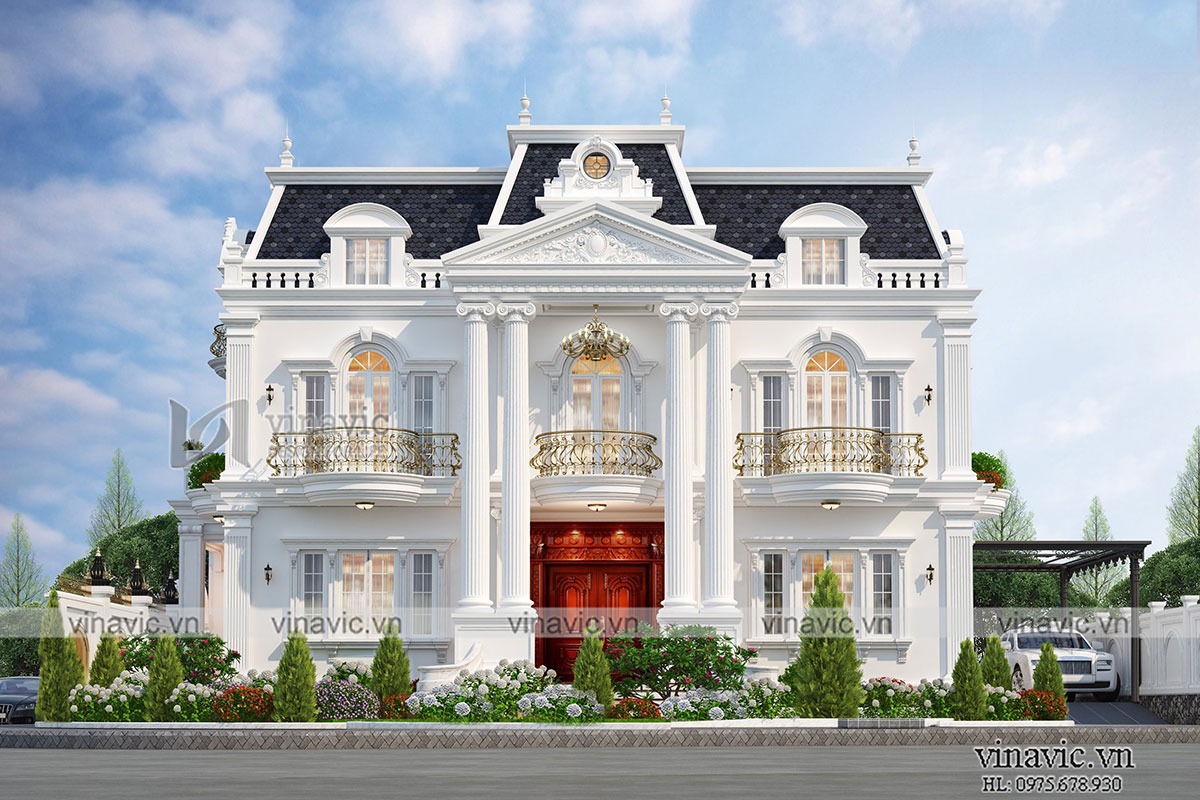 Mẫu thiết kế biệt thự tân cổ điển 2 tầng với kiến trúc kiểu mái mansard 141m2