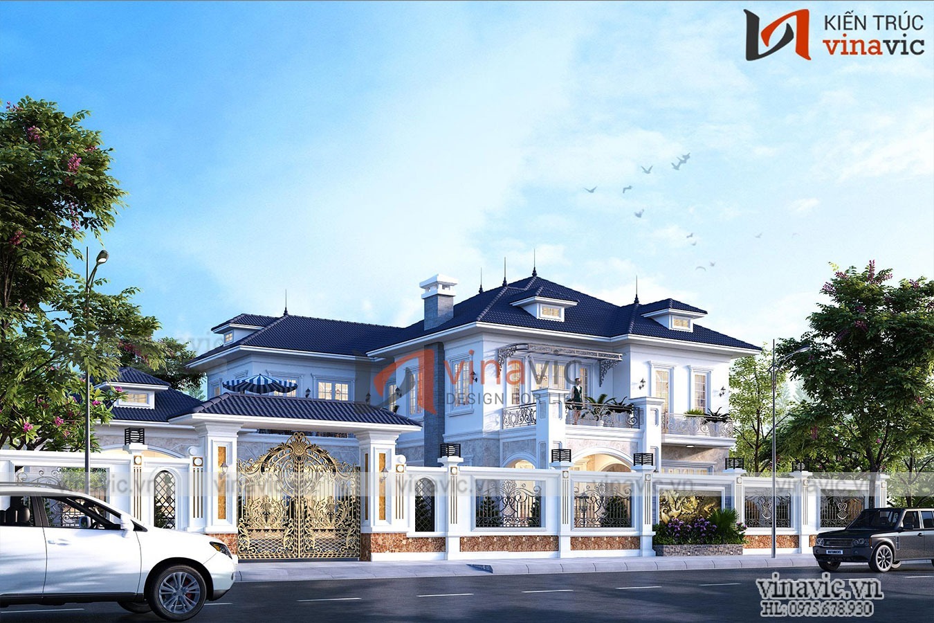 Không gian mặt tiền của mẫu nhà phố 2 tầng tân cổ điển hình chữ L