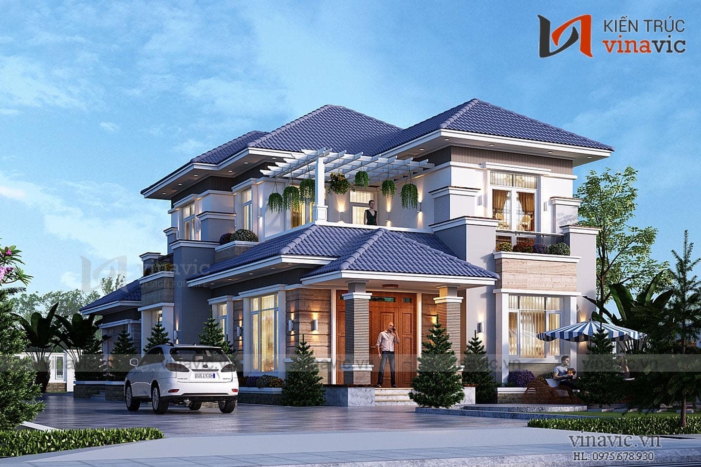 Mẫu biệt thự 2 tầng sân vườn mặt tiền 10m phong cách hiện đại mái nhật ở Bạc Liêu