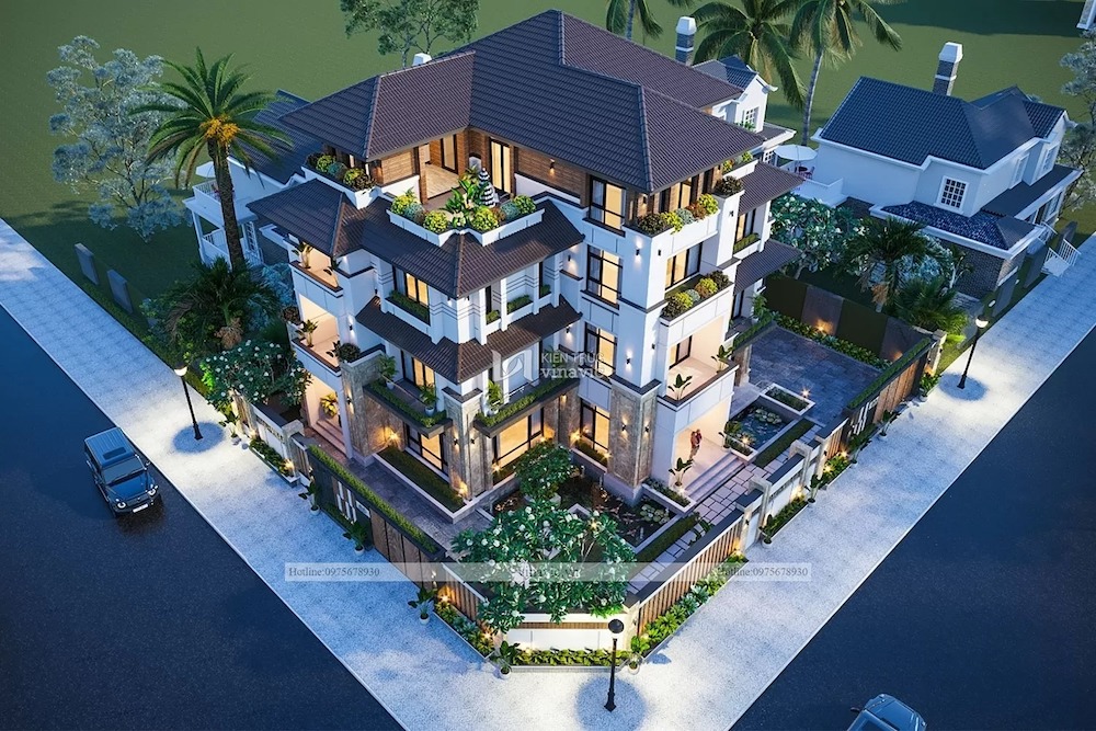 Góc nhìn toàn cảnh sân vườn căn biệt thự lô góc 4 tầng