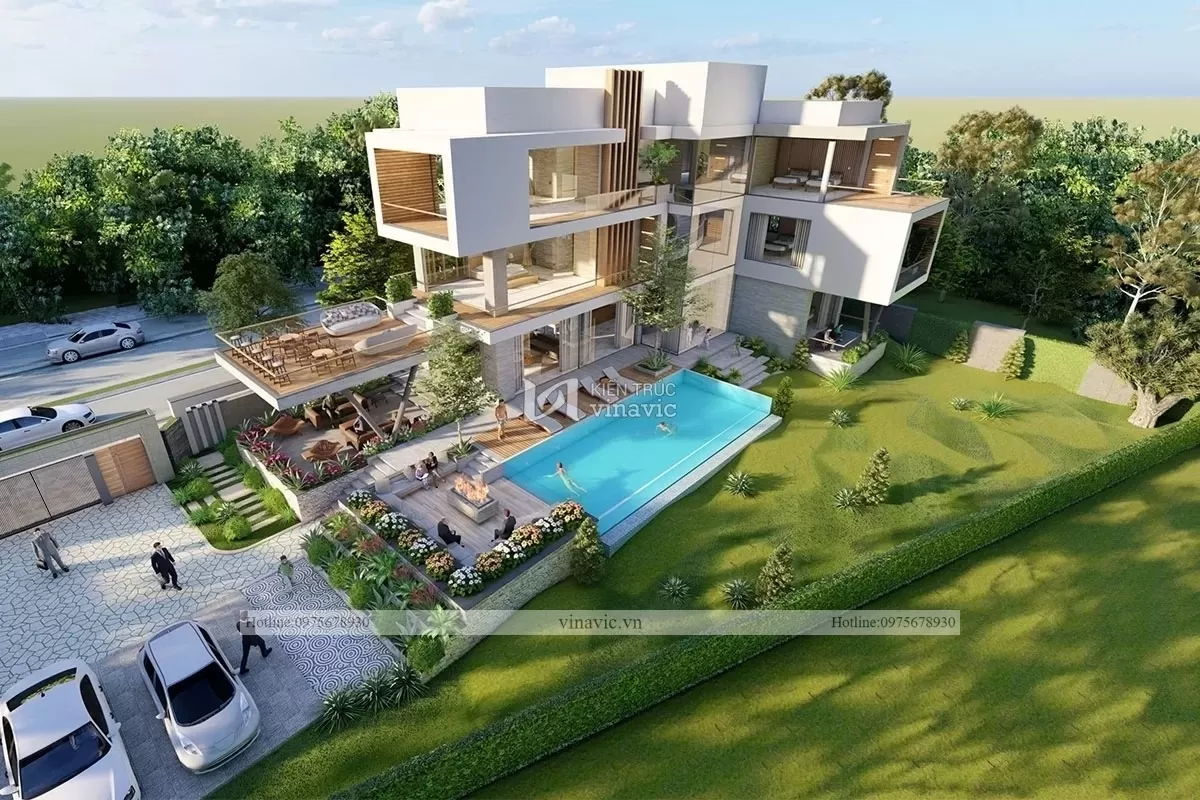 Phối cảnh mẫu biệt thự vườn 3 tầng hiện đại với hệ thống sân vườn hồ bơi đẳng cấp