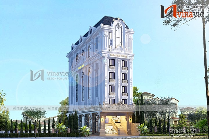 Thiết kế khách sạn 2 mặt tiền 8m 7 tầng tân cổ điển