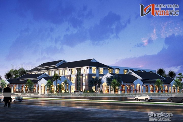 Phối cảnh tổ hợp khách sạn, cafe, hồ bơi đẳng cấp theo lối kiến trúc tân cổ điển