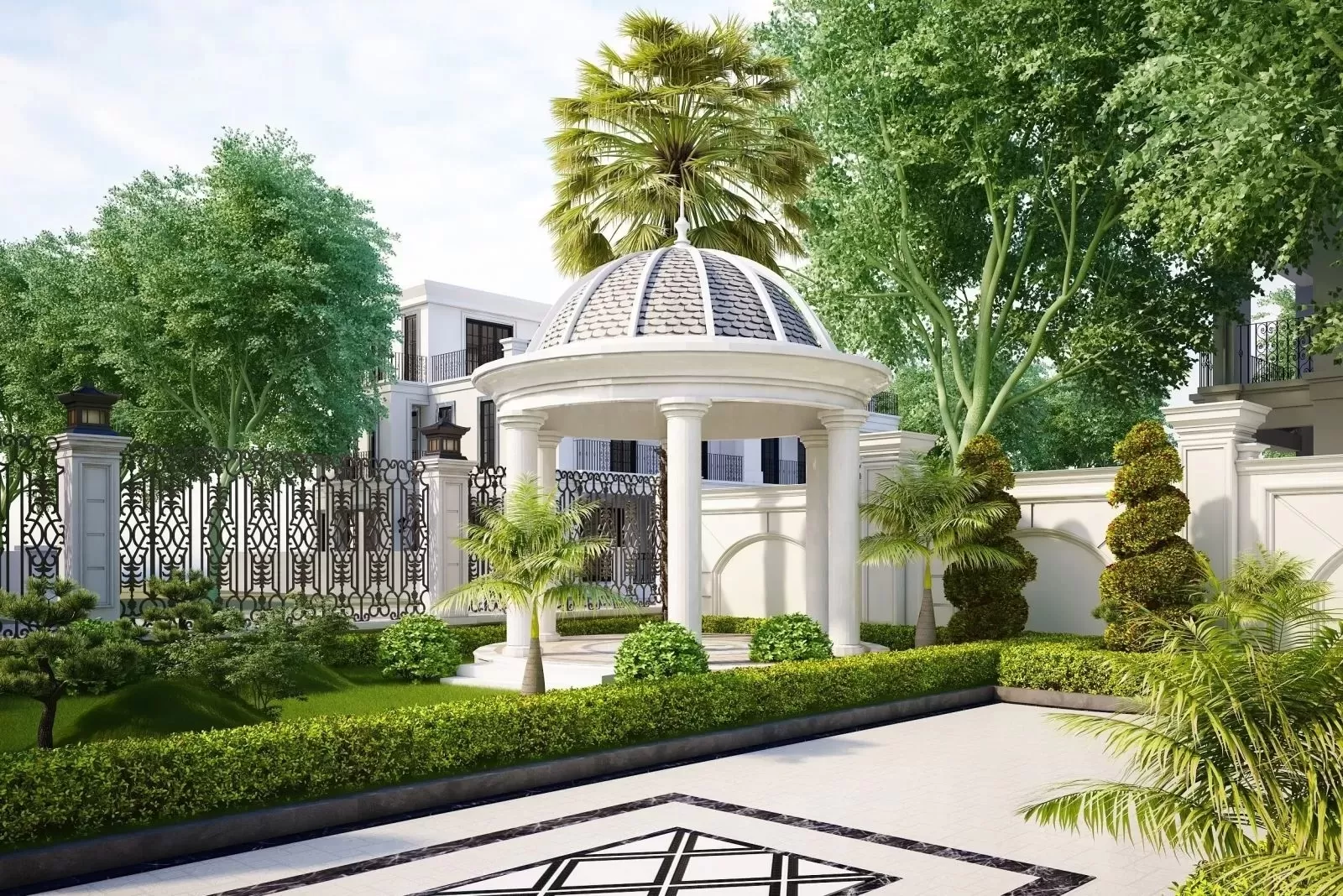 Bao quanh căn nhà không thể thiếu cây xanh, tiểu cảnh và có thể có thêm bể bơi, gara