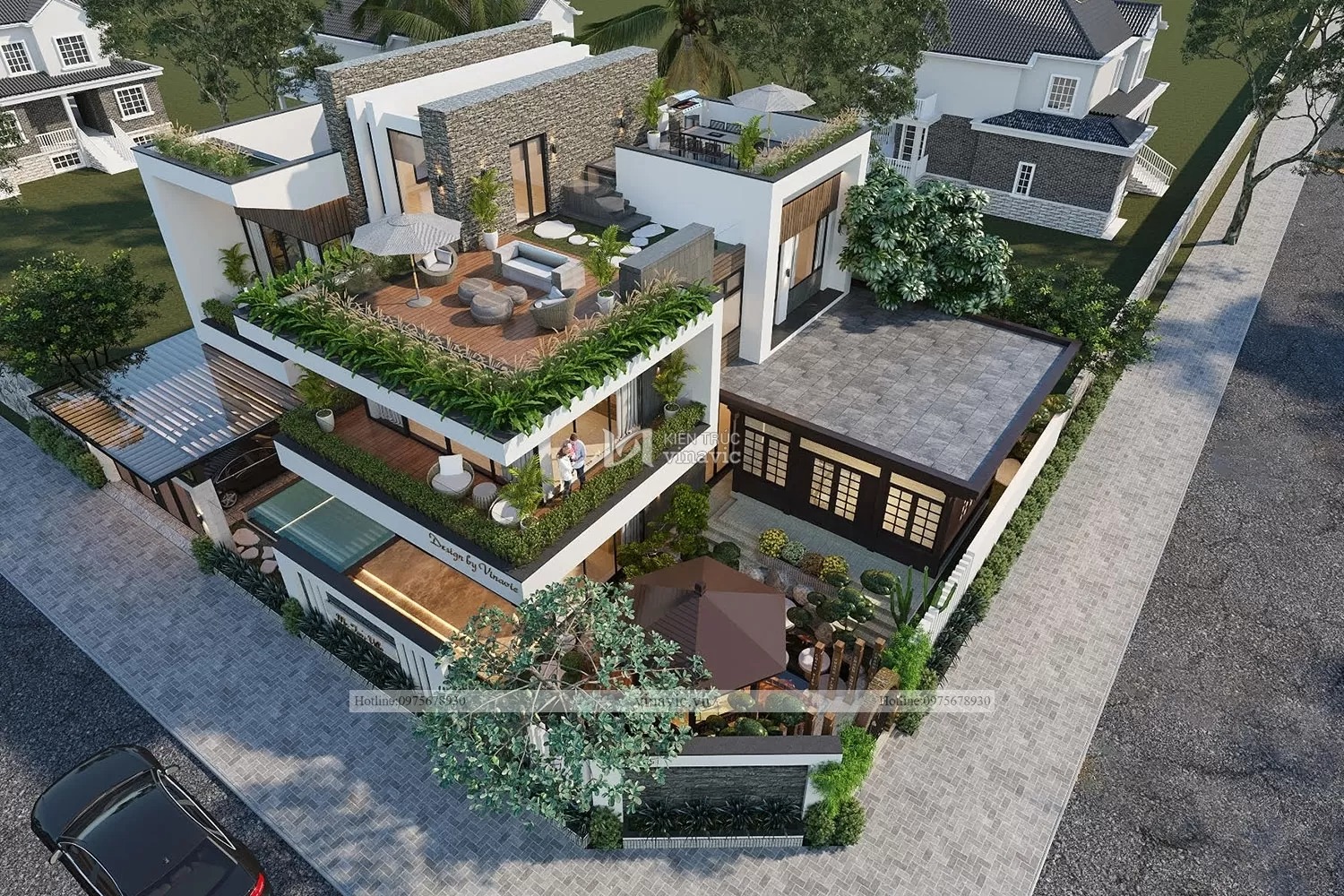 Góc nhìn tổng thể mẫu biệt thự hiện đại 2 tầng có sân vườn trên mái 14x15m