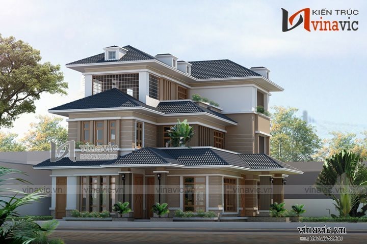 Biệt thự 200m2 mái thái 3 tầng hiện đại 5 phòng ngủ