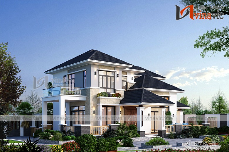Phối cảnh góc nhìn khác biệt thự mini 2 tầng 150m2 hiện đại