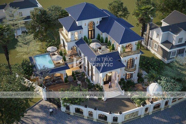 Mẫu nhà phố 2 mặt tiền có bể bơi phong cách tân cổ điển mái nhật