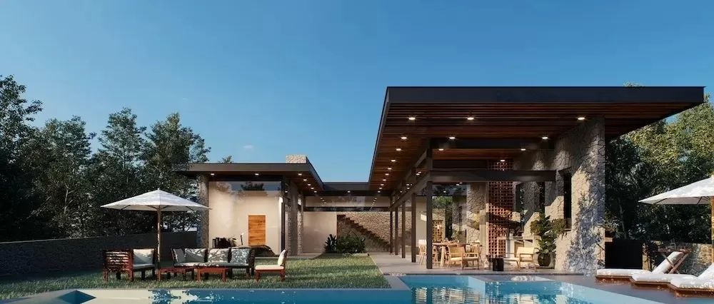Nhà 1 tầng hiện đại hình chữ U mặt tiền 10m