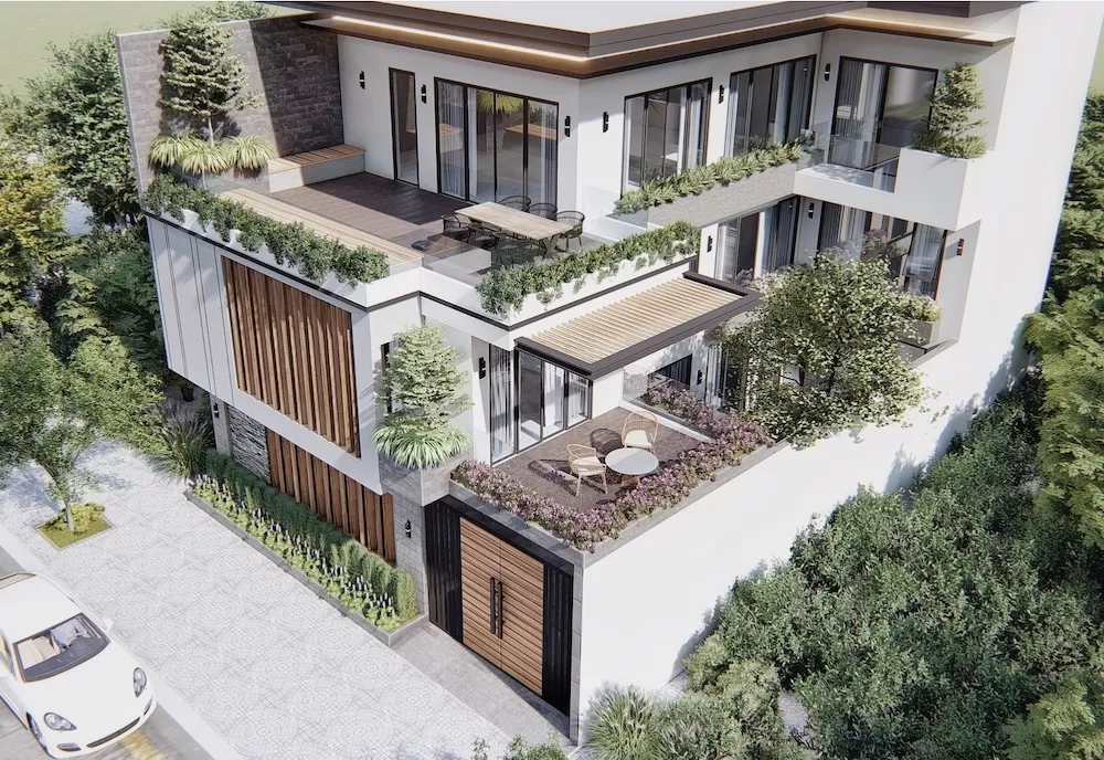 Vườn trên mái, ban công biệt thự nhà vuông 3 tầng mái bằng 15x15m