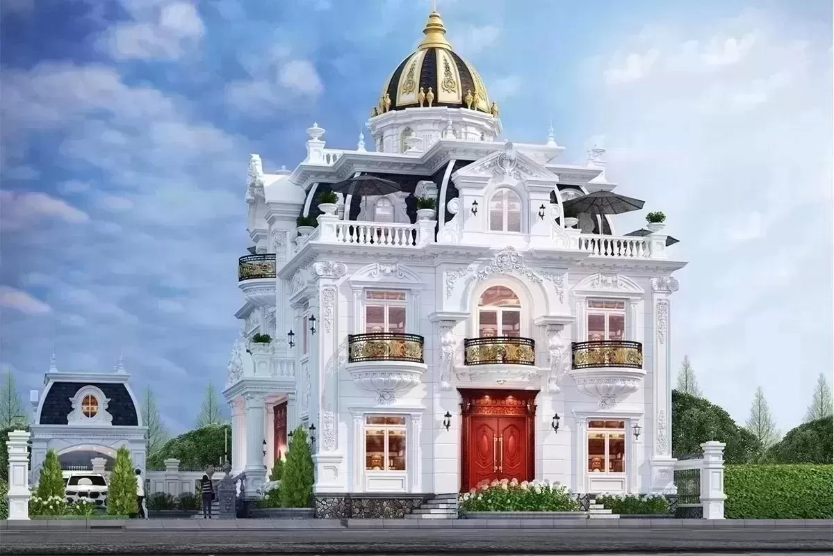 Phối cảnh mặt tiền mẫu biệt thự tân cổ điển 2 tầng 1 tum sang trọng