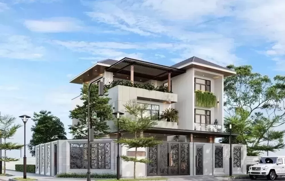 Thiết kế biệt thự góc 3 tầng phong cách hiện đại mái nhật 210m2