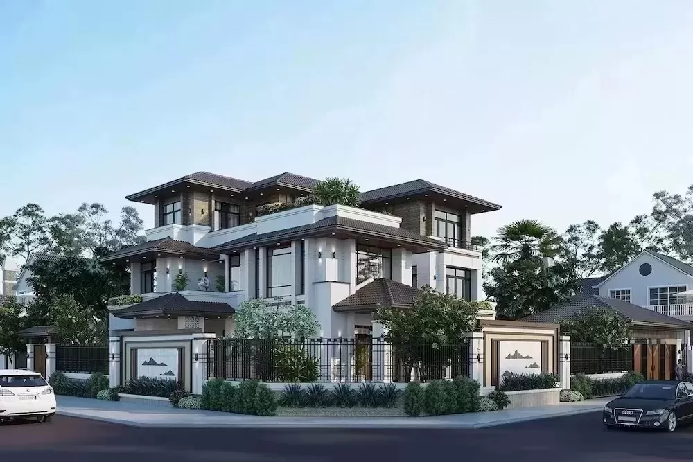 Mẫu thiết kế nhà phong cách hiện đại 3 tầng 6 phòng ngủ mái nhật 11x17m