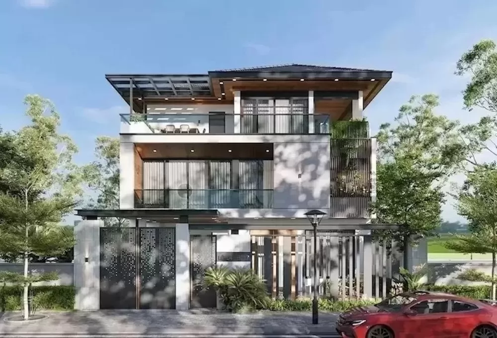 Thiết kế nhà đẹp 140m2 3 tầng hiện đại mái nhật