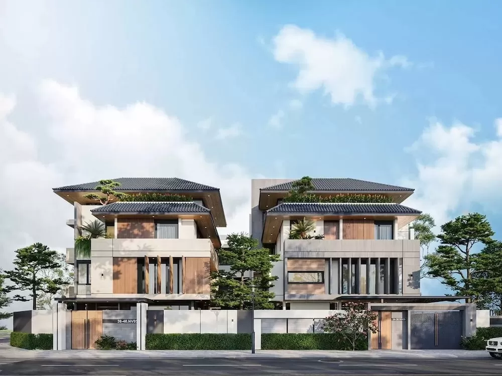 Mẫu biệt thự song lập 3 tầng mái nhật hiện đại 5 phòng ngủ