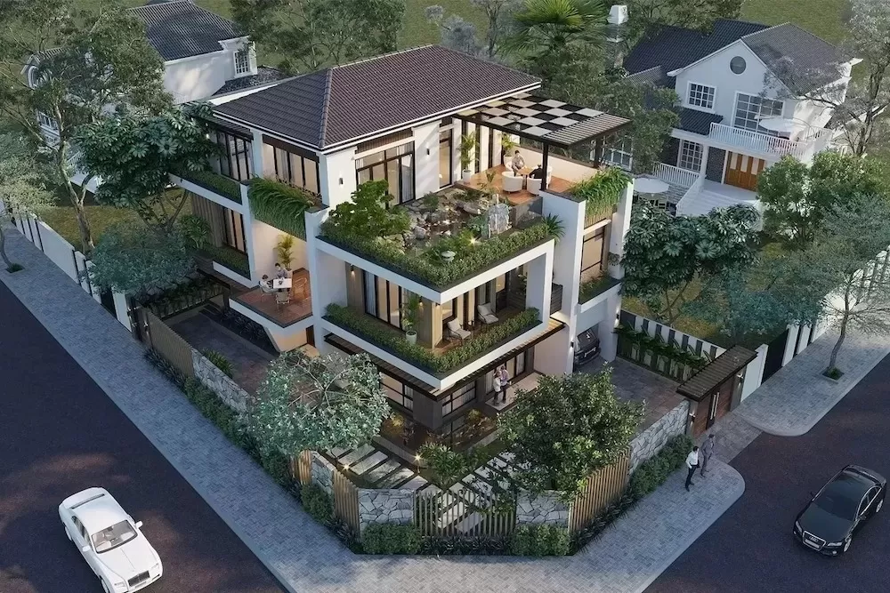 Mẫu biệt thự phố 3 tầng đẹp hiện đại 2 mặt tiền rộng 9m sâu 20m