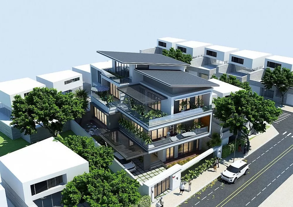 Mẫu nhà phố 3 tầng hiện đại mái lệch