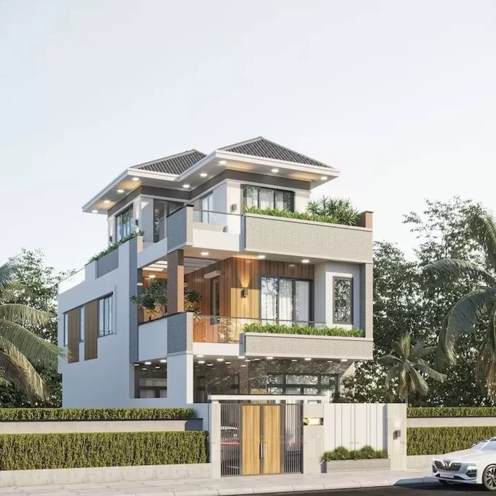 Mẫu nhà phố 3 tầng hiện đại mái nhật