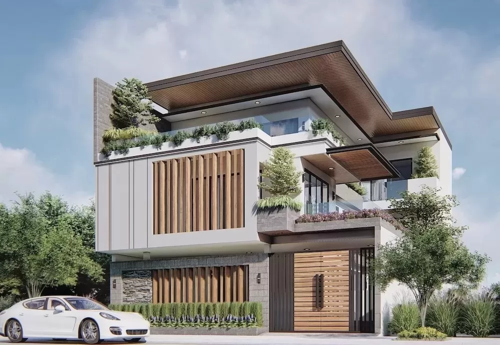 Mẫu nhà phố 3 tầng hiện đại mái bằng